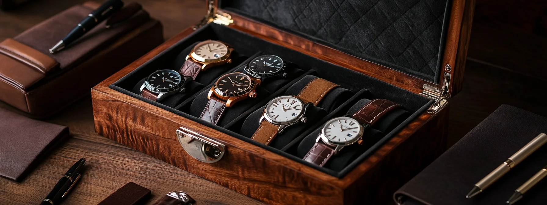 A professional jewelry watch box, minimalist black design on a desk.